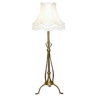 Antique Art Nouveau Brass Height Adjustable Standing Floor Lamp with Sculptured Frame For Sale