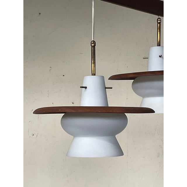 Mid-Century Modern 3-Light Pendant Lamp in Teak and Opal Glass, 1960s For Sale - Image 3 of 14