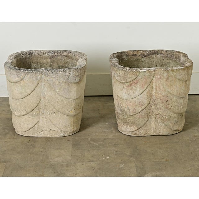 Dimensions: 14 ¾” H x 16 ¾” W x 16 ¾” D Fabulous pair of English garden planters from the Art Deco period in quatrefoil...