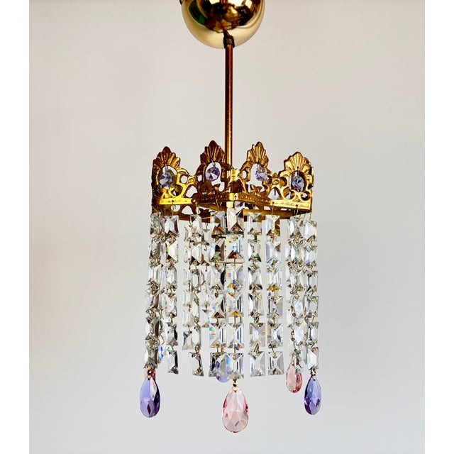 Purple Vintage Brass Crystal Mini Chandelier With Pink Purple Prisms For Sale - Image 8 of 13