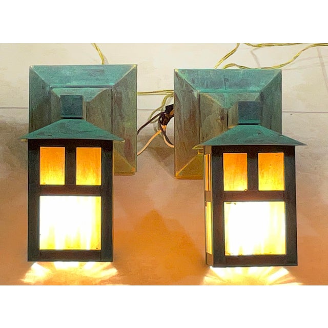 Arts & Crafts Vintage Style Arts & Crafts Mission Wall Lanterns / Sconces - a Pair For Sale - Image 3 of 11