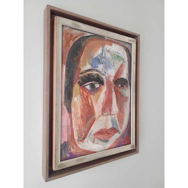 Textile Small 1980s Japanese Oil Painting Expressionist Portrait of a Man For Sale - Image 7 of 9