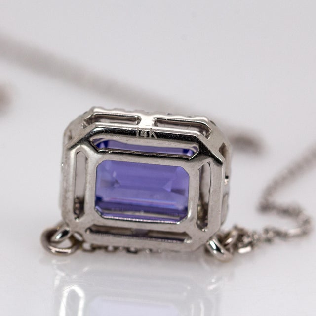 Blue 1ct Aaa Tanzanite Necklace W Natural Diamond Halo in 14k White Gold | Em 7x5mm For Sale - Image 8 of 8
