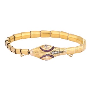 Antique Edwardian Snake Bracelet 18k Yellow Gold Diamond Ruby Vintage For Sale