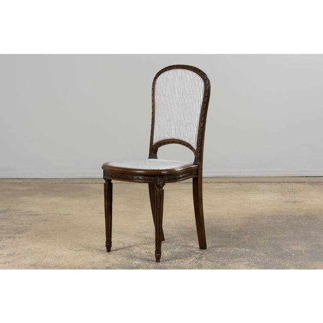 Late 19th Century Antique French Louis XVI Style Walnut Dining Chairs in Blue Linen Stripe - Set of 6 For Sale - Image 5 of 18