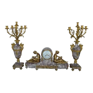 19th Century Gilt Bronze Ormolu and Marble Clock Set