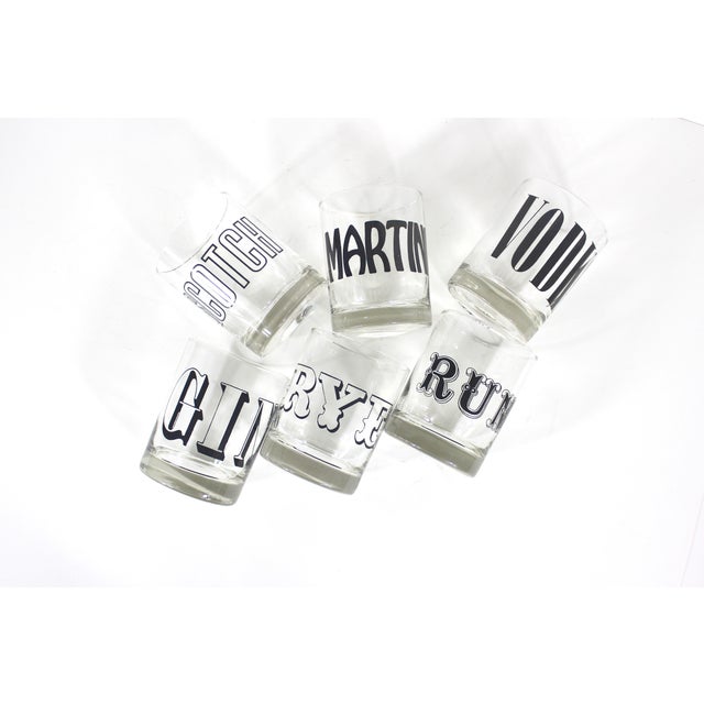 Mid-Century Modern Vintage Typography Spirit Glasses, Low Ball Rocks, Cocktail Glass Set of 6 For Sale - Image 3 of 12