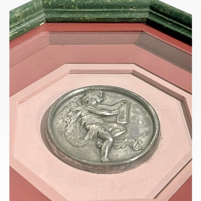 French Set of 4 Vintage French Neoclassical Style Green and Pink Octagonal Framed Silver Cherub Medallions For Sale - Image 3 of 15