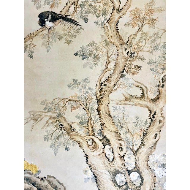 Chinoiserie Magpies on the Cypress Tree - Chinese Scroll Painting With Yellow and White Chrysanthemums, After Zou Yigui For Sale - Image 3 of 9