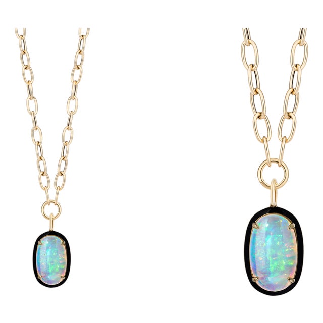 Big Cushion Opal Cab Pendant With Black Enamel For Sale