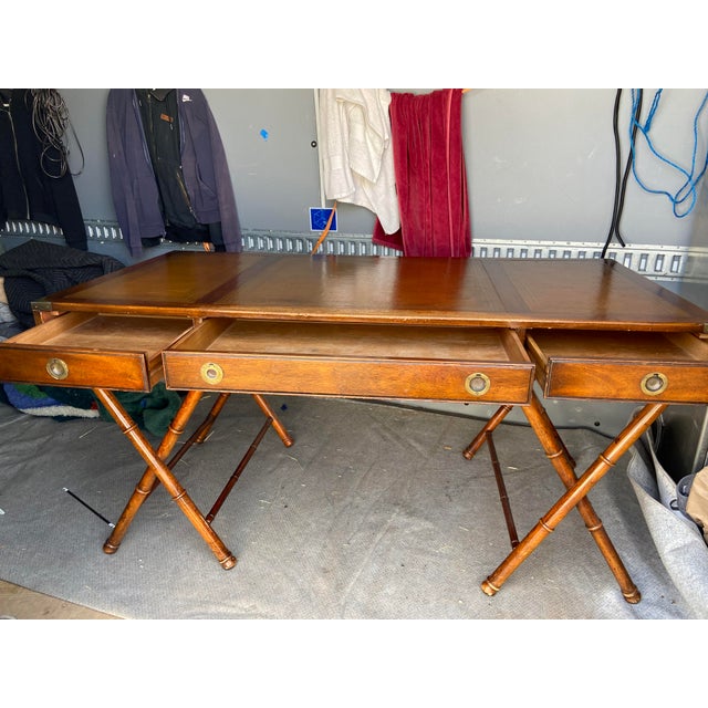 1980s Vintage Campaign Distressed Leather Top Bamboo Executive Desk by Drexel Heritage For Sale - Image 5 of 18