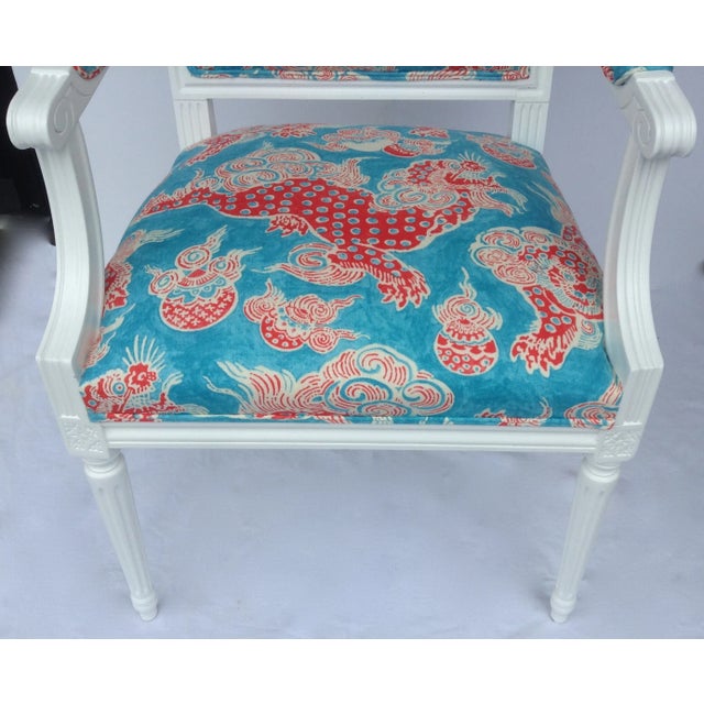Vintage C1920's-30's French Neoclassical Kiln Dried Arm Chair Upholstered in Chinoiserie "Dragon Motif" Linen Textile For Sale - Image 9 of 11