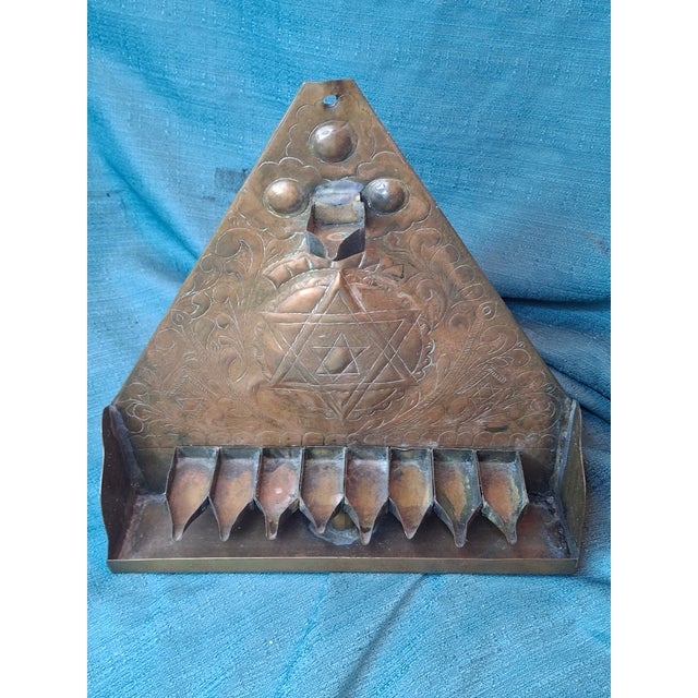 Rare 19thC Moroccan Brass Hanukkah Menorah Hand-Repoussé Maghrebi Judaica Oil For Sale In Boston - Image 6 of 17