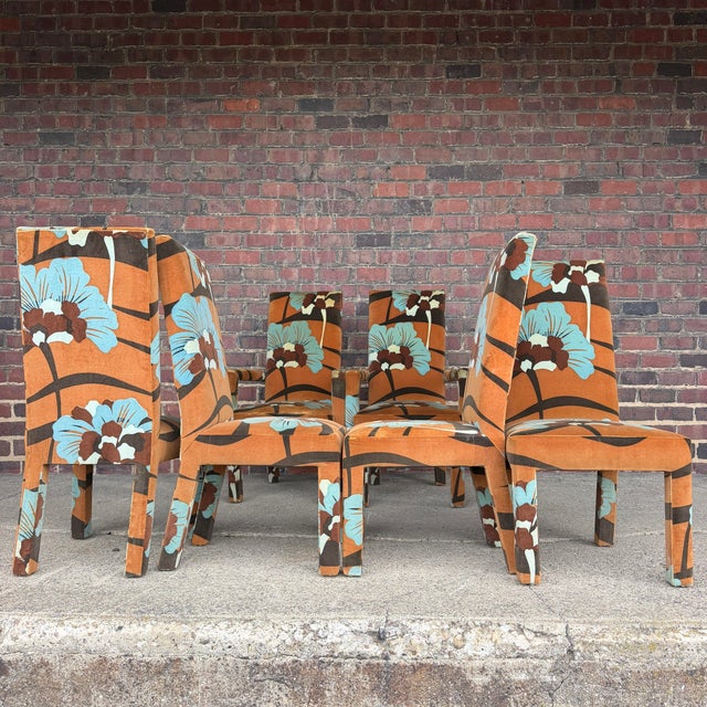 Mid-Century Modern Set of 6 Upholstered Boho Chic Dining Chairs in Jack Lenor Larsen Fabric For Sale - Image 3 of 12
