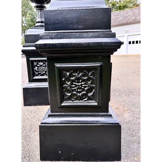 Large Antique Black Cast Iron Garden Urns on Pedestals, Pair, Circa 1900 For Sale - Image 14 of 18