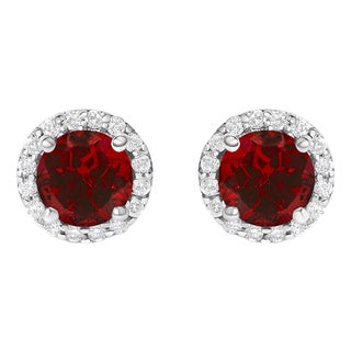 10K White Gold Red Garnet and 1/6 Cttw Diamond Halo Stud Earring For Sale
