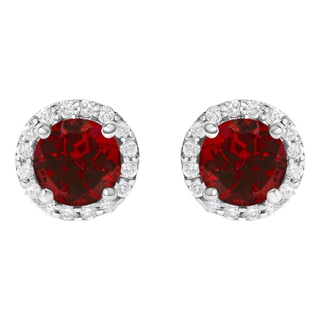 10K White Gold Red Garnet and 1/6 Cttw Diamond Halo Stud Earring For Sale