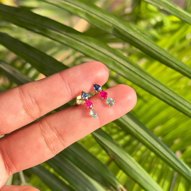 Natural Emerald Ruby & Sapphire Stud Earrings in 14k Gold- 2 Pieces For Sale In New York - Image 6 of 11