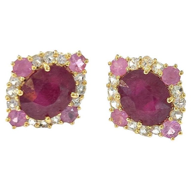 Ruby Red Bochic "Orient" Vintage Pastel & Red Rubies Earrings Set In 18K Gold & Silver For Sale - Image 8 of 18