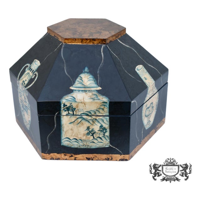 Vtg. Hexagonal Shaped Box With Asian Style Vessels For Sale