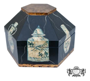 Vtg. Hexagonal Shaped Box With Asian Style Vessels