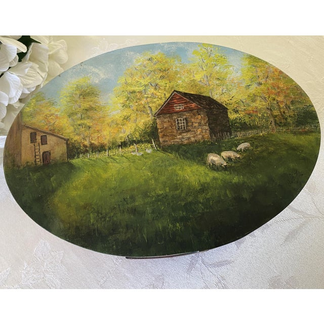 1980's Oval Bentwood Shaker Box, Folk Art Rural Scene, Artist Signed Inez, 11" For Sale - Image 4 of 17