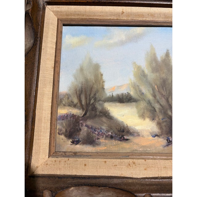 Tan 1960s Original Signed Sonia Punak Desert Landscape Acrylic on Canvas in Original Carved Wood Frame – 18” X 16” For Sale - Image 8 of 11