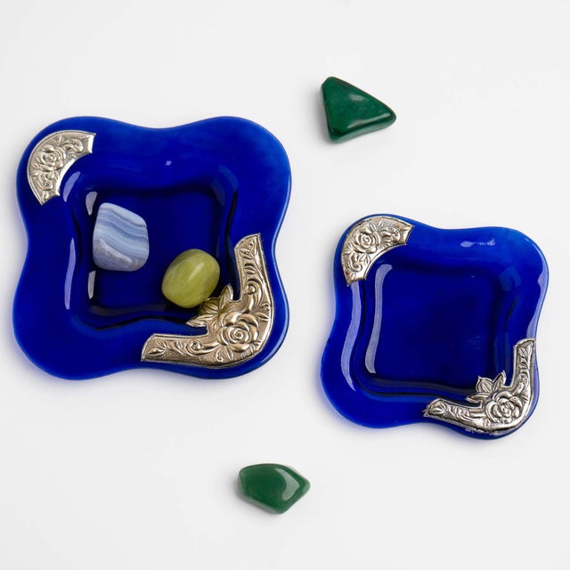 Rustic European Vintage Cobalt Blue Glass Catchalls With Silver Overlay - Set of 2 For Sale - Image 3 of 12