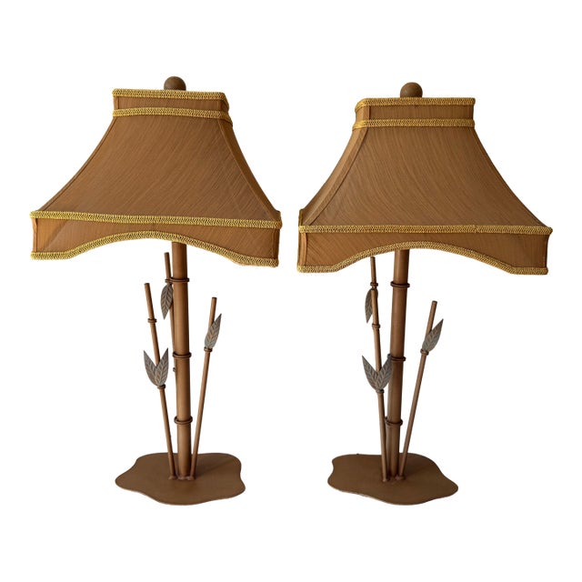 Late 20th Century Bamboo Tole Table Lamps With Pagoda; A Pair For Sale