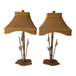 Late 20th Century Bamboo Tole Table Lamps With Pagoda; A Pair