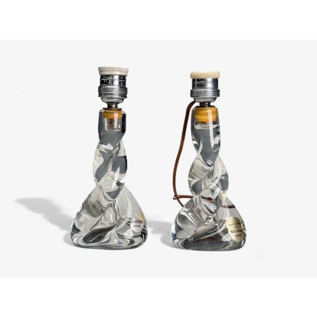 Glass Pair of Sevres, French Modern, Glass, Brass, Small Table Lamps, France, 1960s For Sale - Image 7 of 10