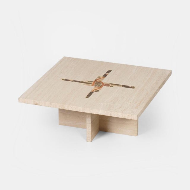 Coffee Table in Travertine with Marble and Brass Inlay by Paul Kingma, 1980 For Sale - Image 11 of 11