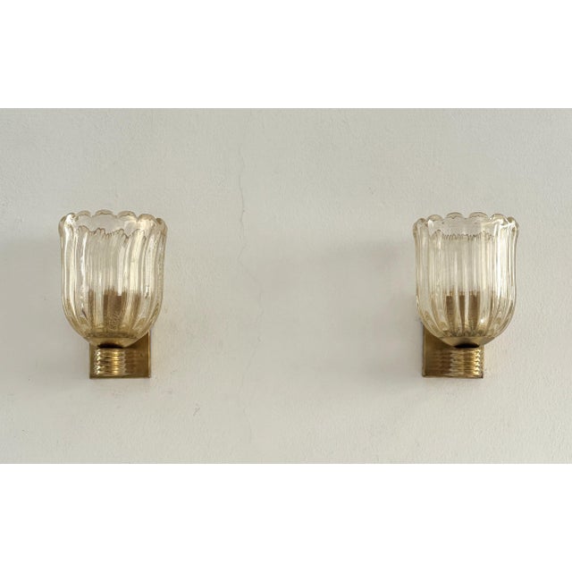 Art Deco Italian Murano Crystal Glass and Brass Wall Sconces, 1990s, Set of 2 For Sale - Image 4 of 14