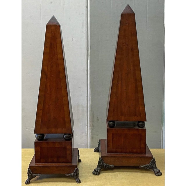 Neoclassical 20th-C. Neo-Classical Style Inlaid Mahogany and Bronze Obelisks - S/2 For Sale - Image 3 of 5