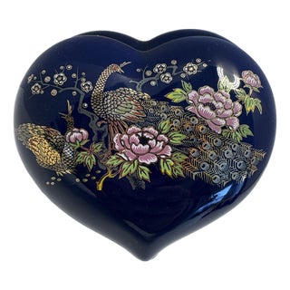 Vintage m.i. Made in Japan Cobalt Blue Heart Jewelry Trinket Box W/ Peacock & Peony Motif For Sale