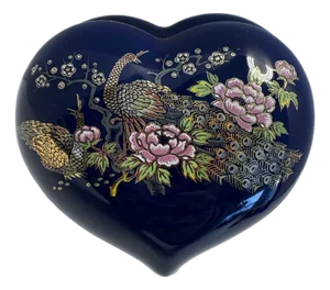 Vintage m.i. Made in Japan Cobalt Blue Heart Jewelry Trinket Box W/ Peacock & Peony Motif