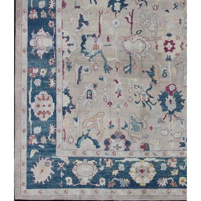 All-Over Design Royal Blue and Gray With Hints of Red Turkish Oushak Rug For Sale - Image 4 of 12