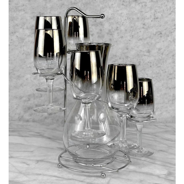 Mid-Century Modern Mid-Century Cascading Silver Rim Wine Decanter Serving Glasses - Set of 8 For Sale - Image 3 of 7