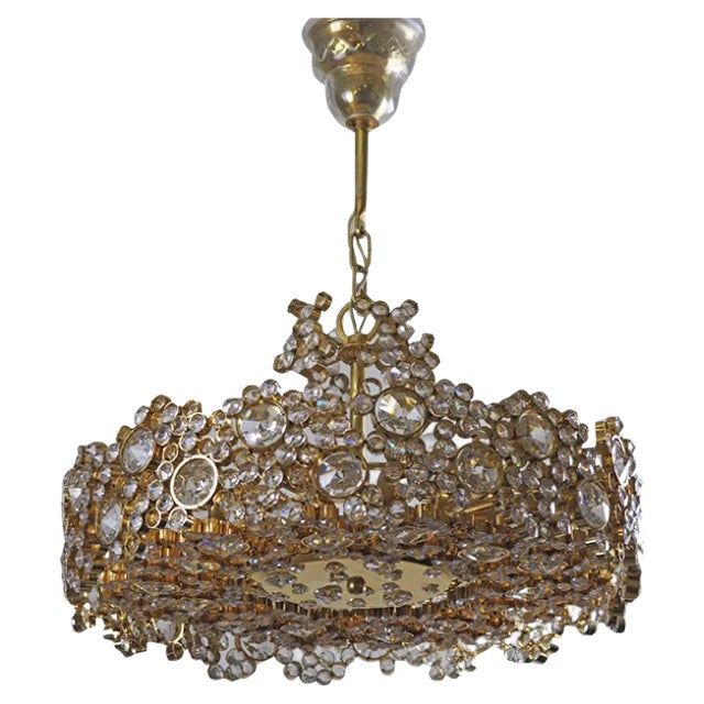Gilt Brass & Crystal Chandelier in the style of Palwa or Lobmeyr, 1960s For Sale