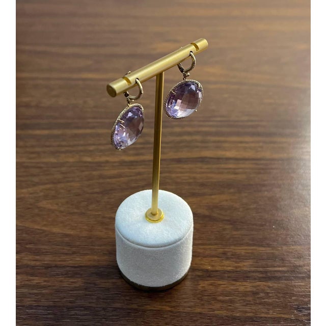 Modern Violet Pink Amethyst Diamonds Halo Set 14k Yellow Gold Drop Unique Earrings, A Pair For Sale - Image 3 of 13