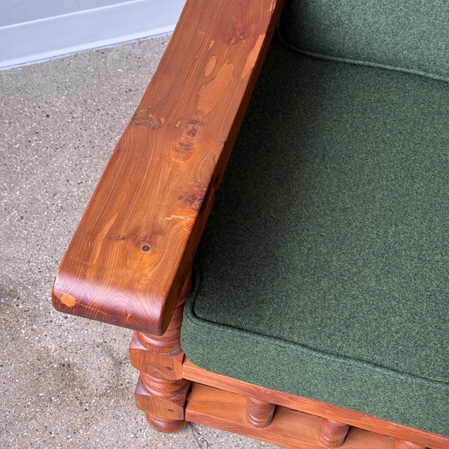 Wood 1970s Brutalist Carved Pine Sofa in Green Wool For Sale - Image 7 of 10
