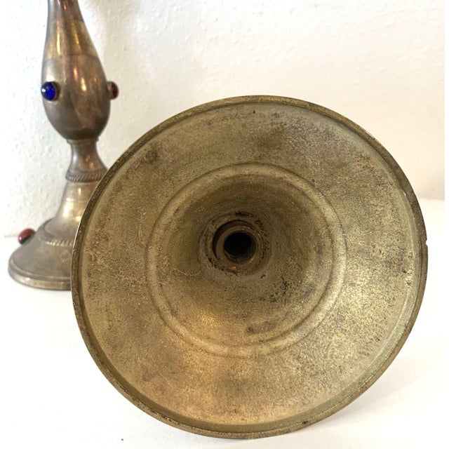 Vintage Pair Indian Brass Candlesticks w/Inlaid Jewel-tone Cabochons 10"Tall 50s A beautiful vintage pair of Indian brass...