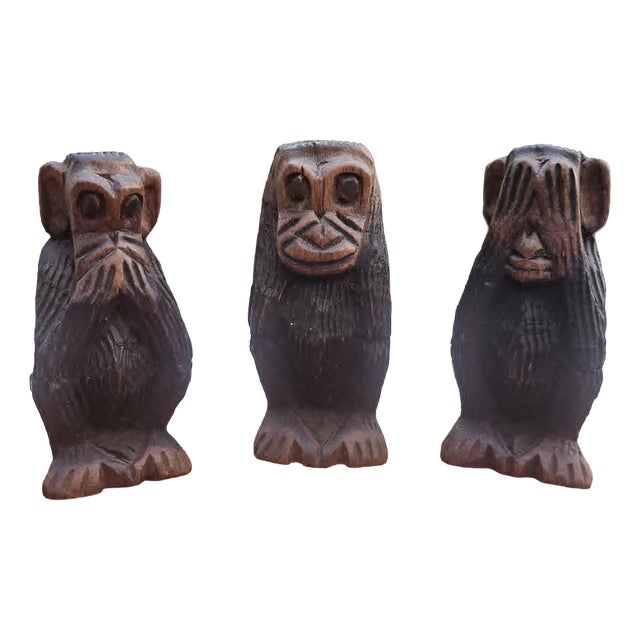 Wooden Carved Dont Speak, Dont Hear, Dont See Monkey Figurines, 1960s, Set of 3 For Sale