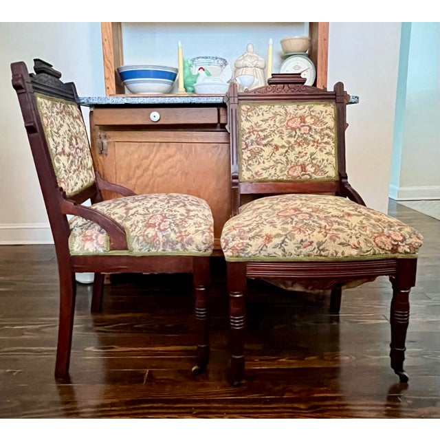 Green Antique 1870’s Victorian Eastlake-Style Upholstered Side Chairs- Set of 2 For Sale - Image 8 of 9