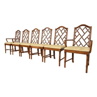 Thomasville Chinese Chippendale Carved Walnut Faux Bamboo Dining Chairs, Set of Six For Sale