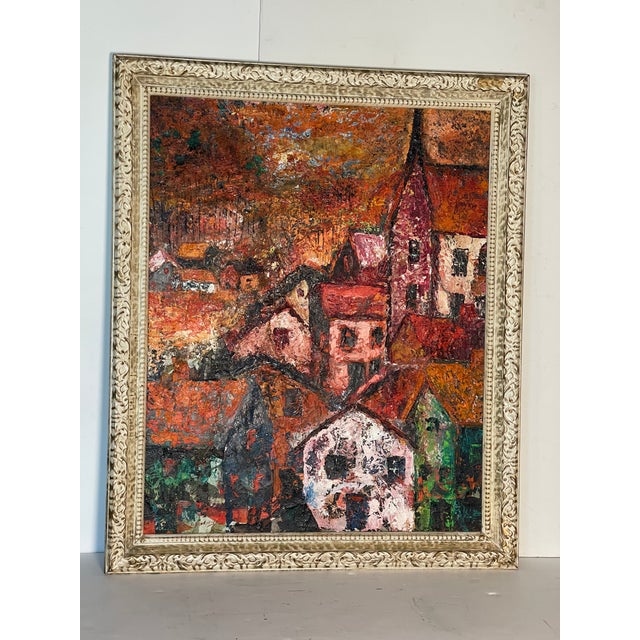 Red Vintage Abstract Cityscape Oil on Canvas Signed Artist For Sale - Image 8 of 14