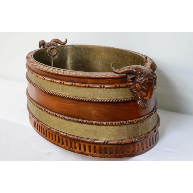 Wood Wine Bottle Cooler, Mahogany & Brass Ram Heads, 1920s For Sale - Image 7 of 11