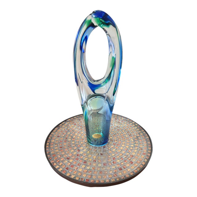 Late 20th Century Signed A. Tablonski Polish Art Glass Sculpture -- 18" Blue Green Crystal Modernist Vase For Sale