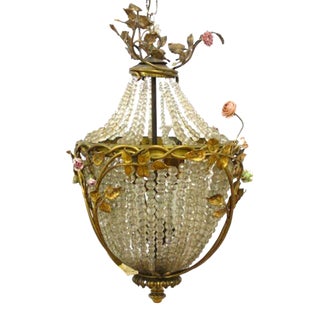 1920s French Crystal Beaded 4 Light Chandelier Tole With Porcelain Flowers For Sale