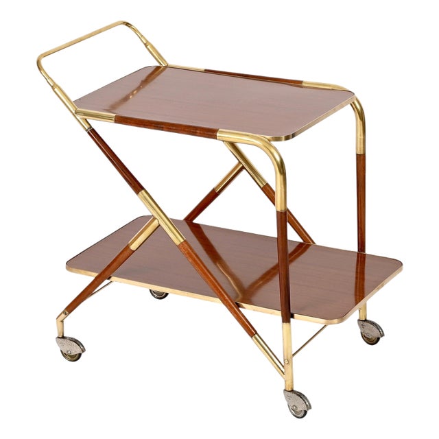 Mid-Century Brass and Wood Bar Cart by Cesare Lacca, Italy, 1950s For Sale